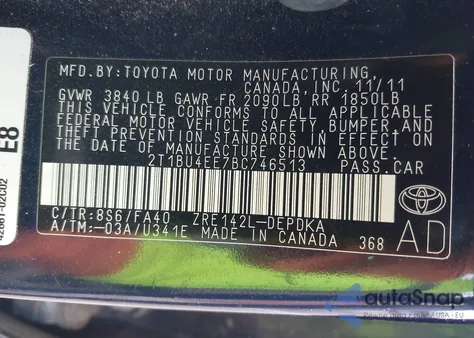 2011 Toyota Corolla из США, поврежденный, VIN 2T1BU4EE7BC746513